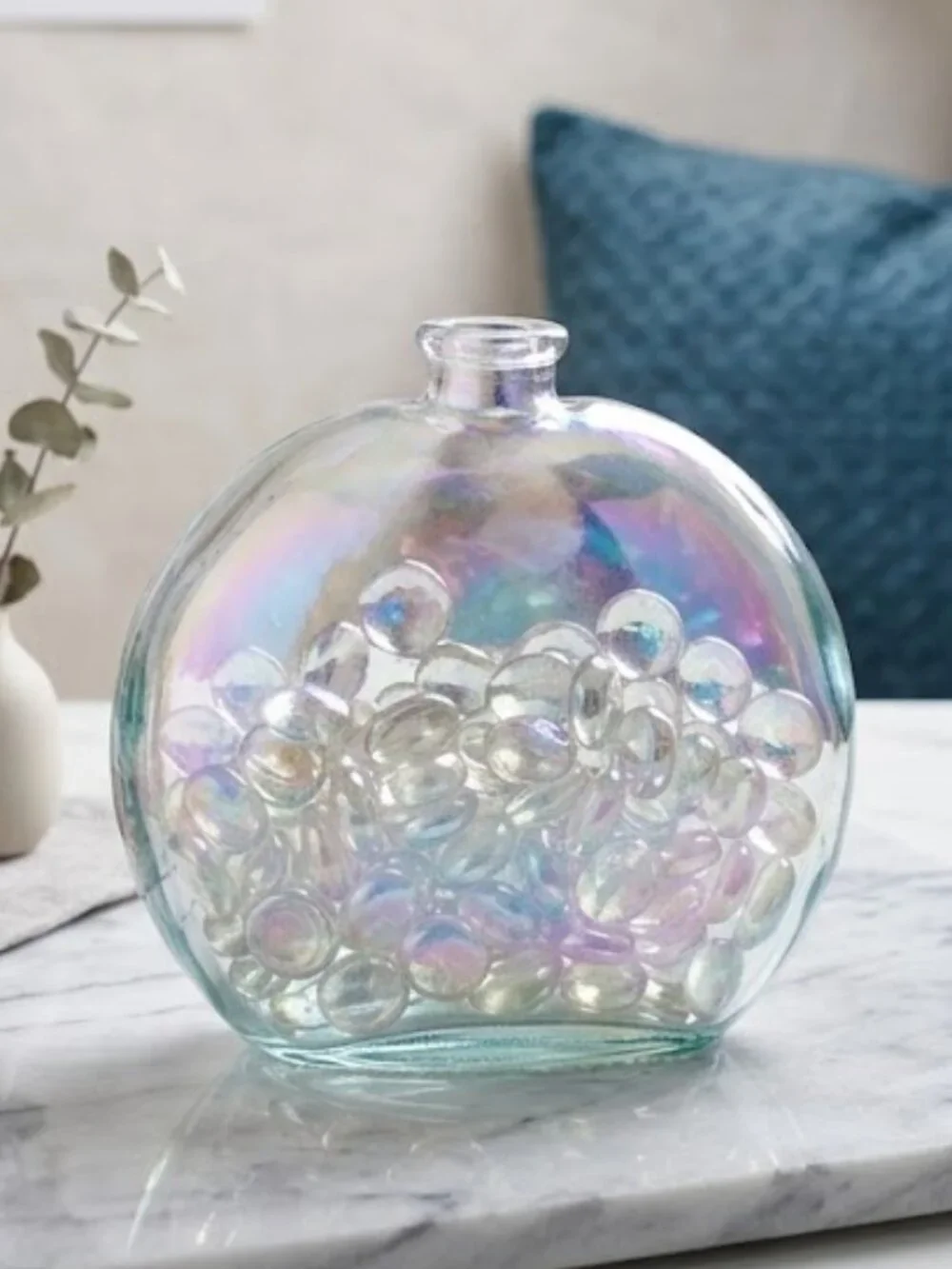 Iridescent Glass Flask Vessel Bottle with Clear Flat Glass Gems Marbles Accent